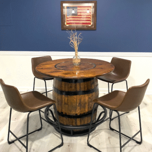 Bourbon Whiskey Barrel Table and metal footrest